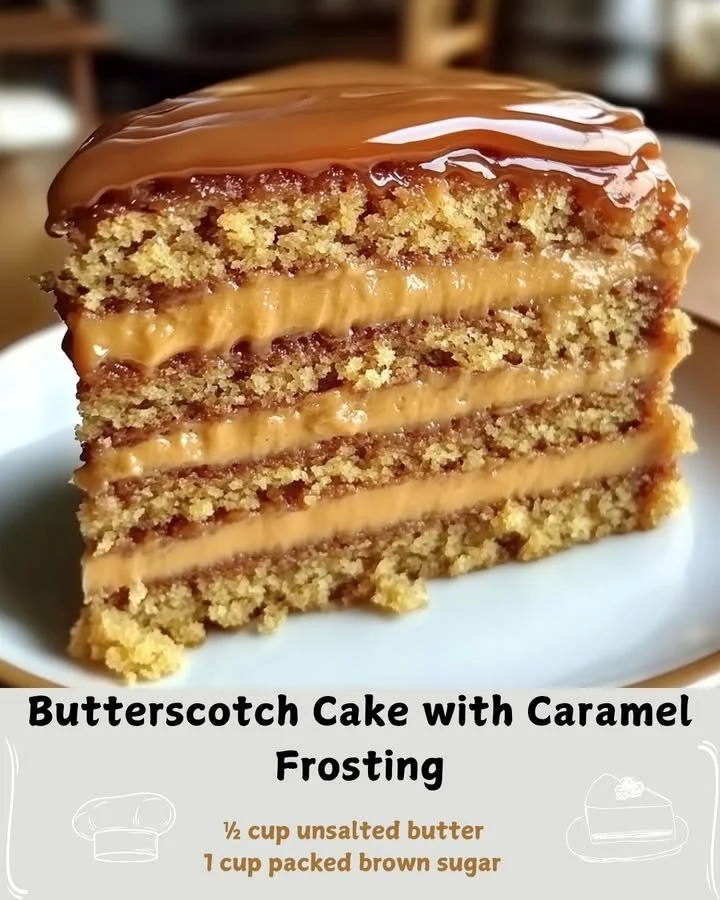 Delicious butterscotch cake with creamy caramel frosting on a white plate
