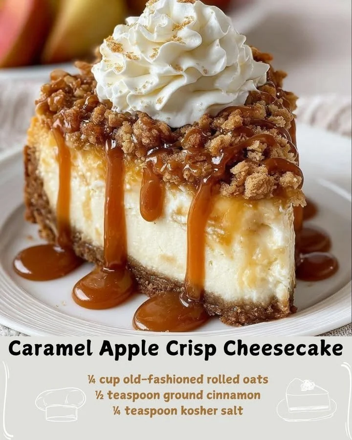 Slice of Caramel Apple Crisp Cheesecake with caramel drizzle and apple topping