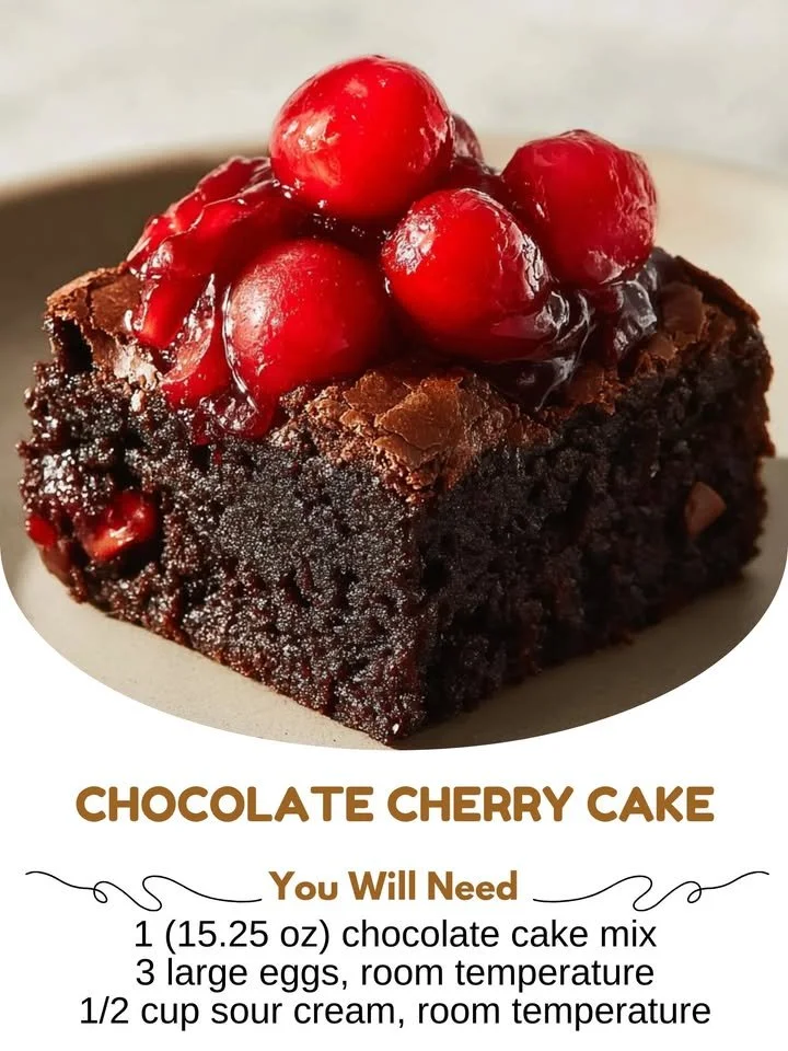 Delicious Chocolate Cherry Cake topped with cherries and chocolate frosting.
