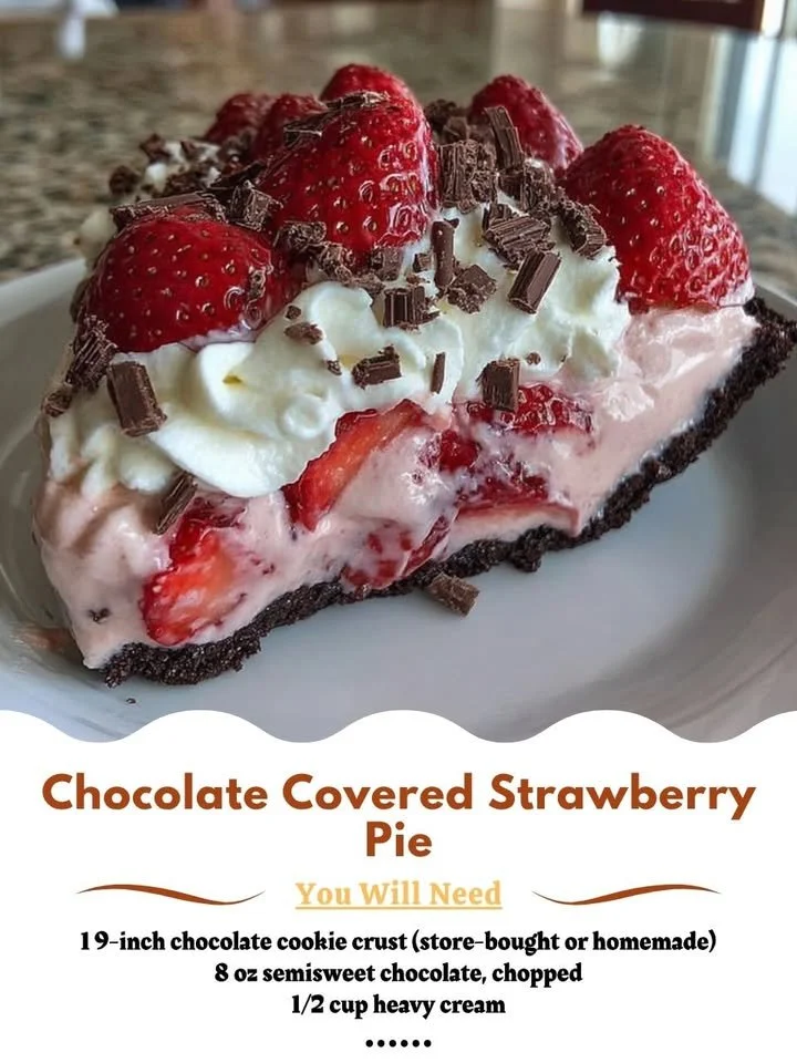 Delicious chocolate covered strawberry pie with whipped cream topping