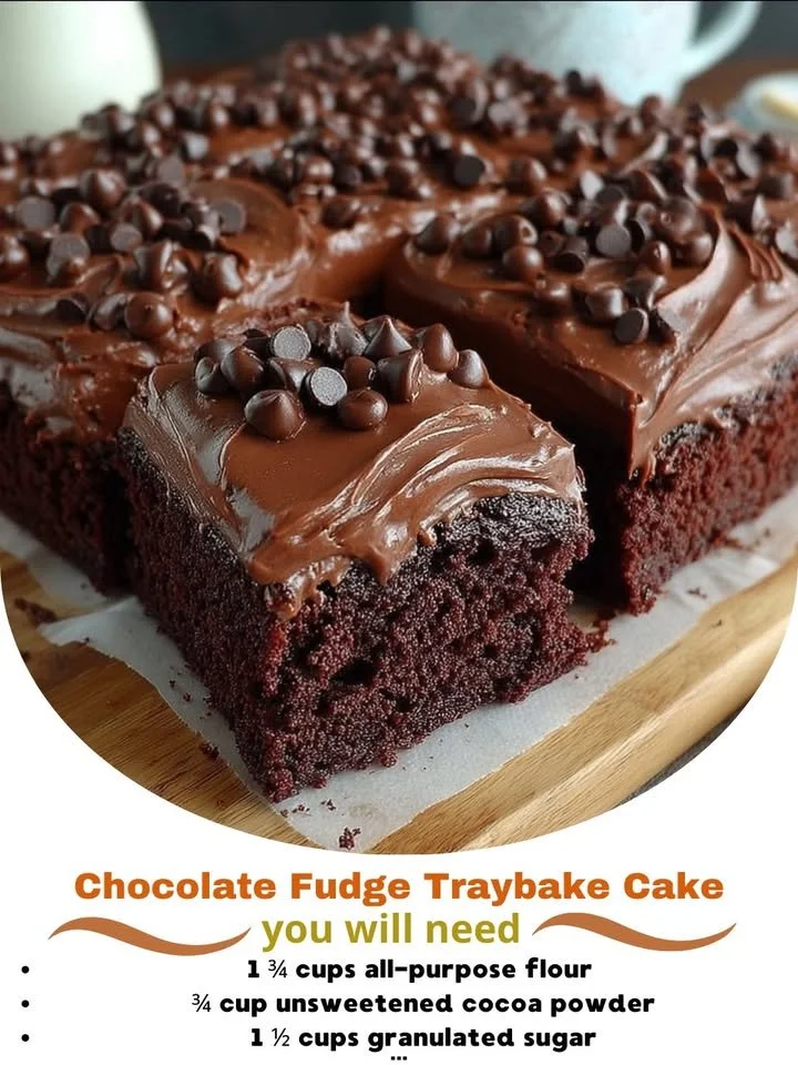Delicious Chocolate Fudge Traybake Cake with rich chocolate frosting