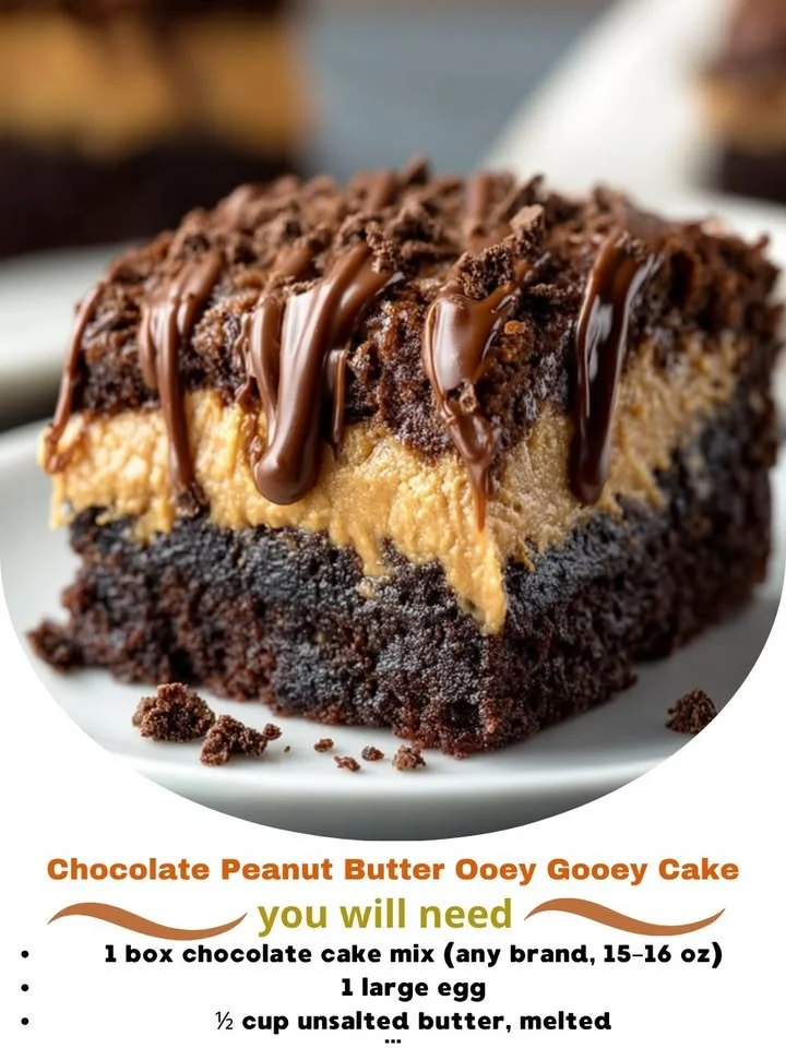 Decadent Chocolate Peanut Butter Ooey Gooey Cake with rich chocolate frosting