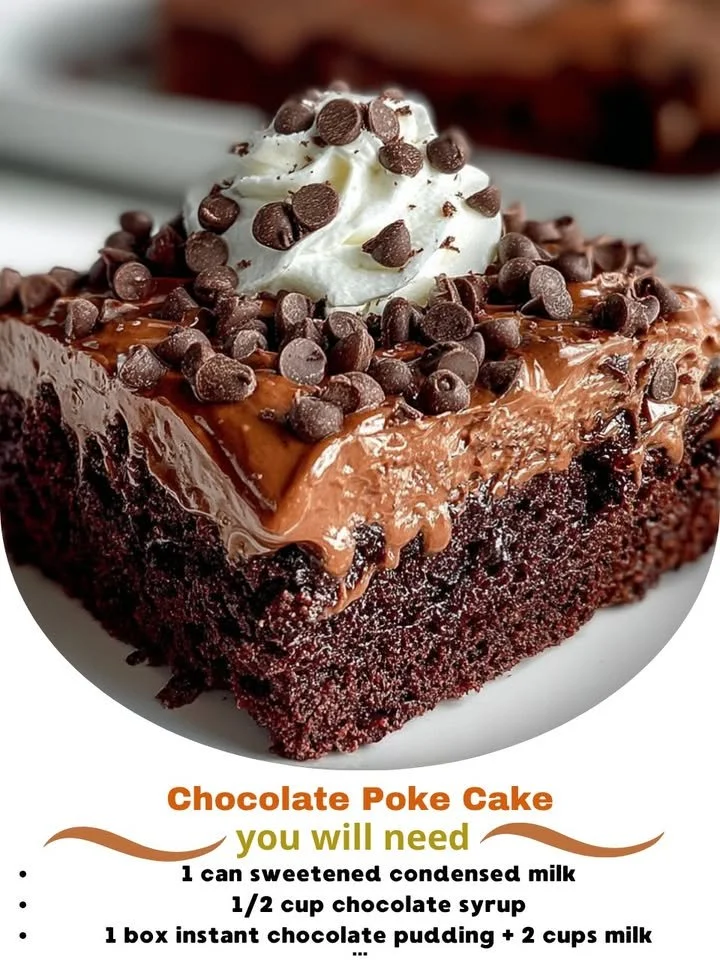 Delicious chocolate poke cake topped with whipped cream and chocolate sauce