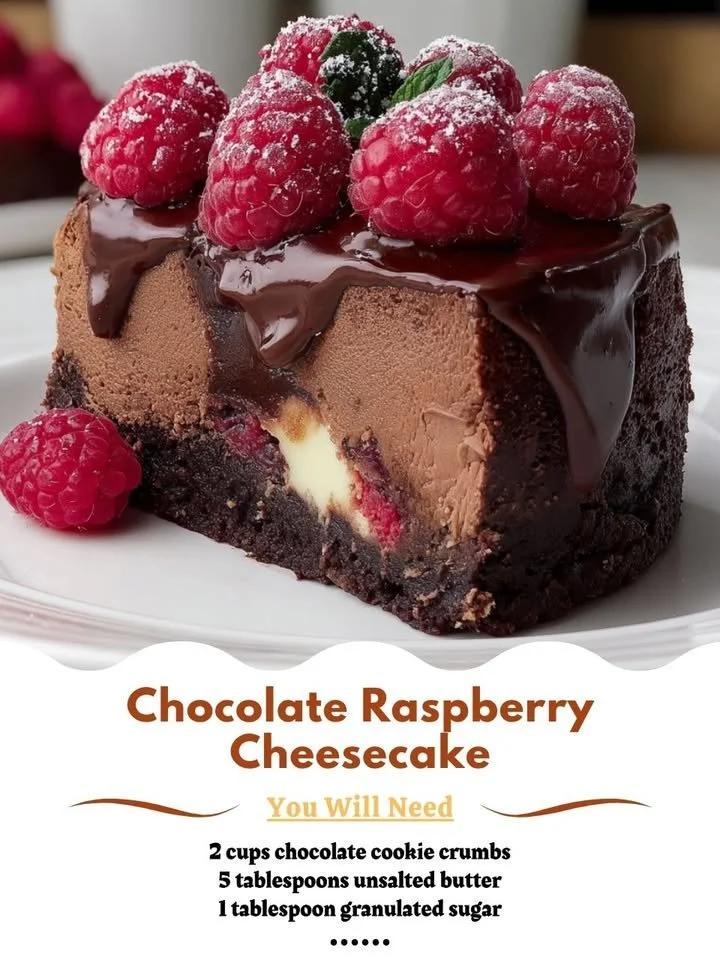 Decadent chocolate raspberry cheesecake topped with fresh raspberries
