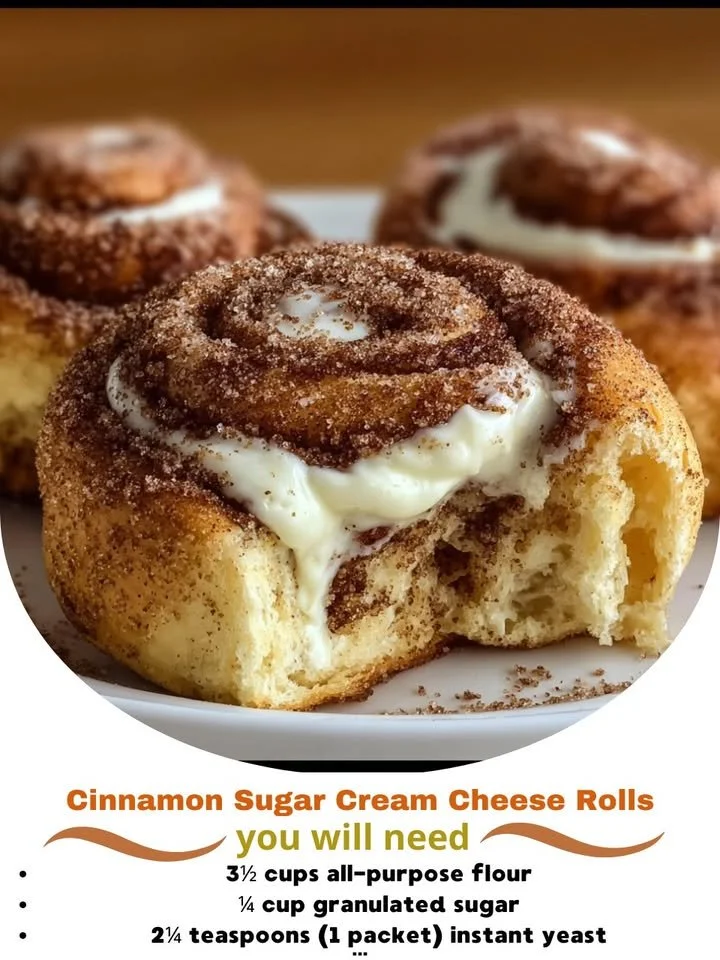 Freshly baked Cinnamon Sugar Cream Cheese Rolls with a sugar topping