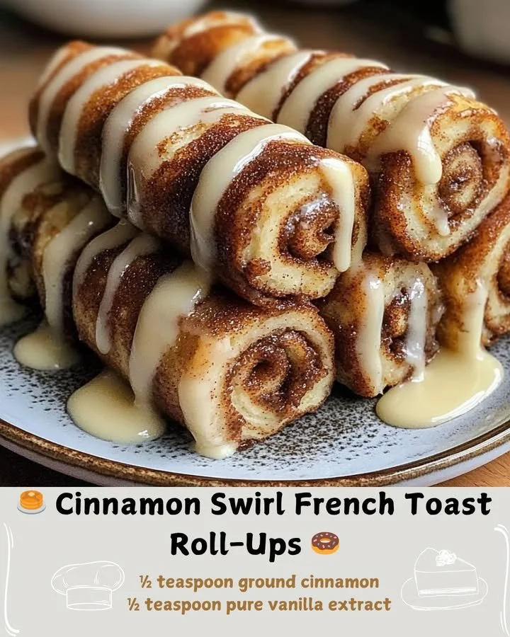 Cinnamon Swirl French Toast Roll-Ups drizzled with syrup on a plate