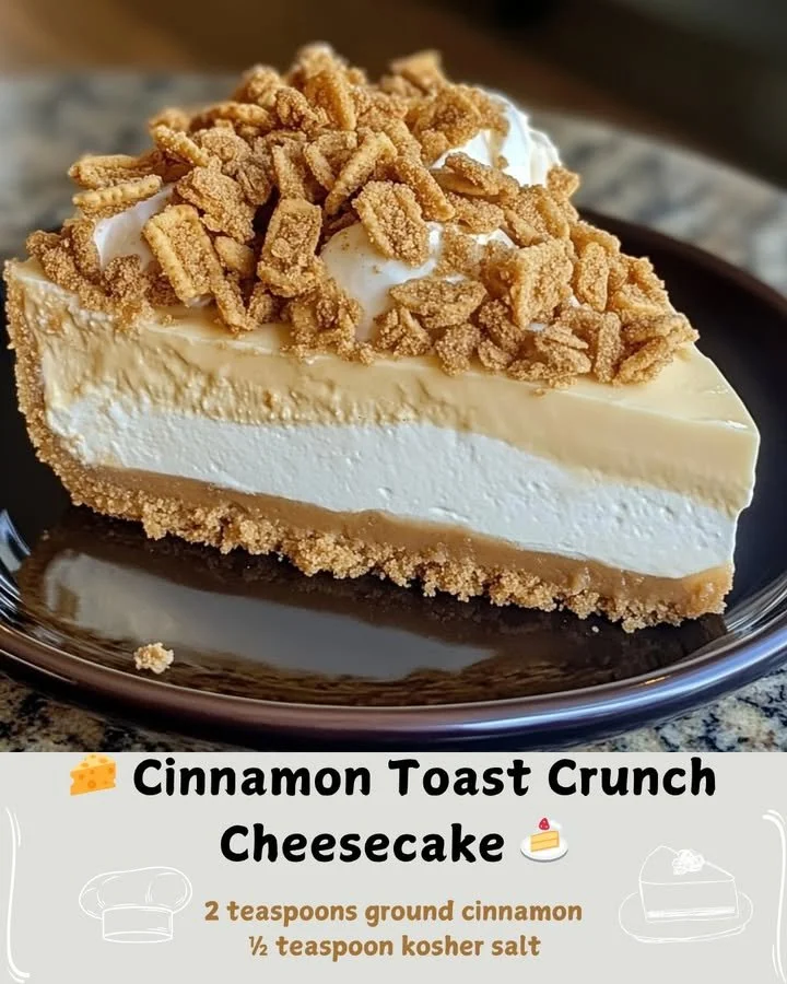 Delicious Cinnamon Toast Crunch Cheesecake topped with cereal pieces.