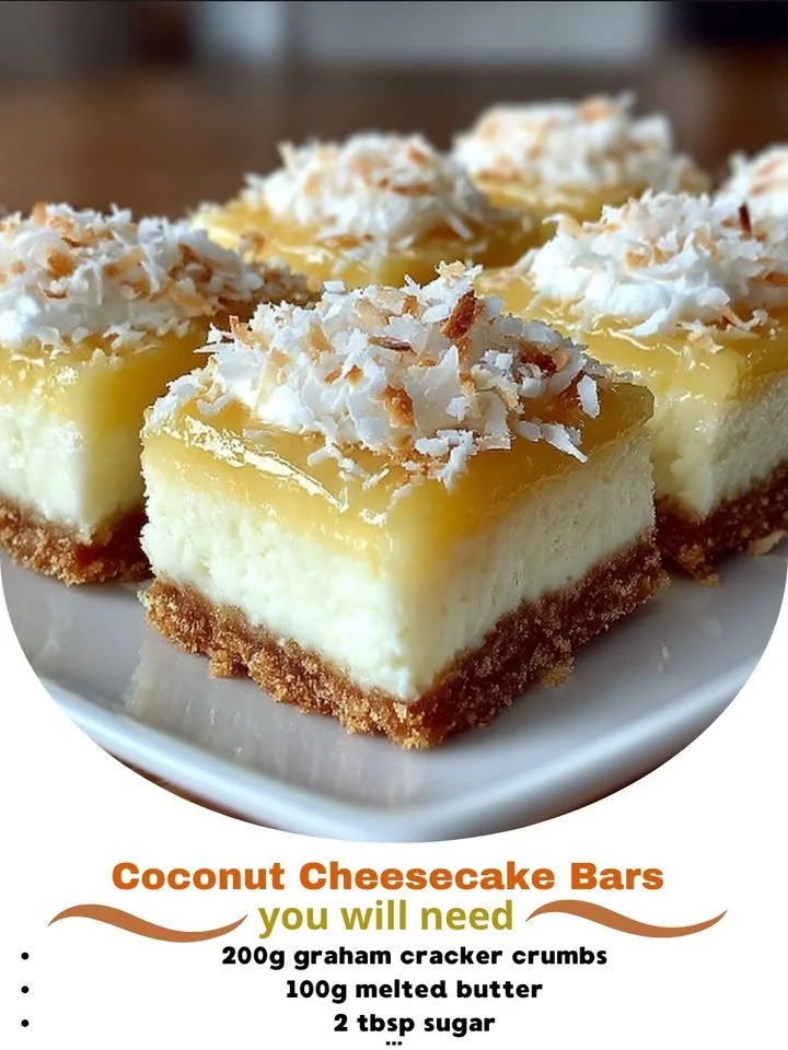 Delicious coconut cheesecake bars topped with coconut flakes.