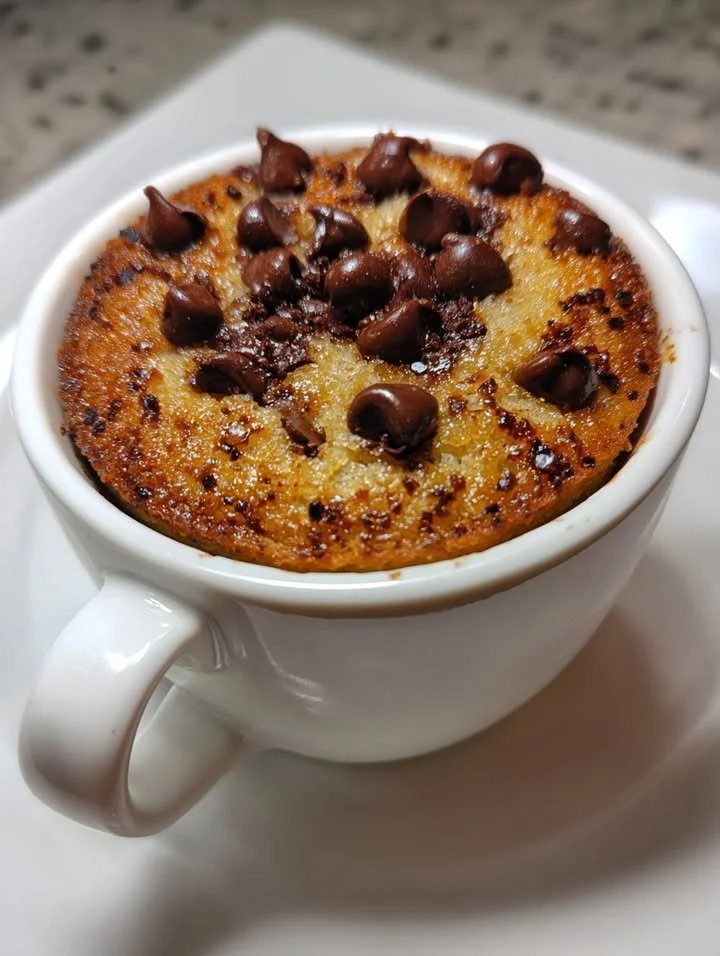 Delicious Cottage Cheese Chocolate Chip Mug Cake in a mug