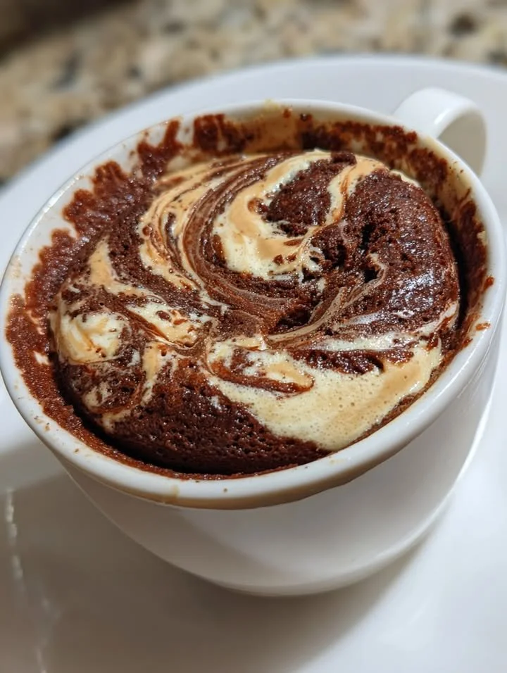 Cottage Cheese Peanut Butter Mug Cake in a white mug with a spoon