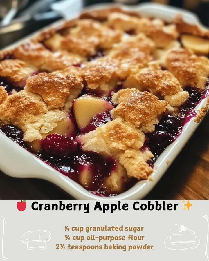 Delicious homemade Cranberry Apple Cobbler served in a baking dish