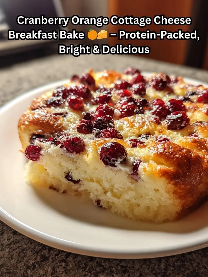 Delicious Cranberry Orange Cottage Cheese Breakfast Bake served with fresh cranberries.