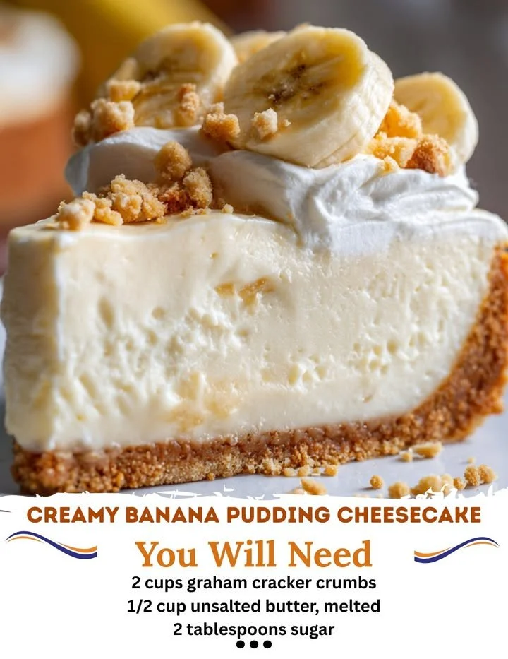 Creamy banana pudding cheesecake topped with whipped cream and banana slices