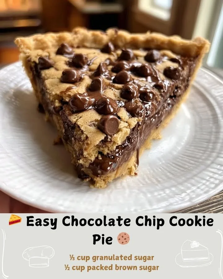 Delicious easy chocolate chip cookie pie served with ice cream