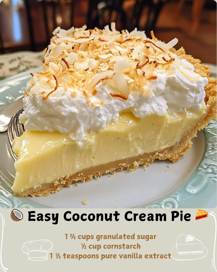 Slices of easy coconut cream pie topped with whipped cream and shredded coconut
