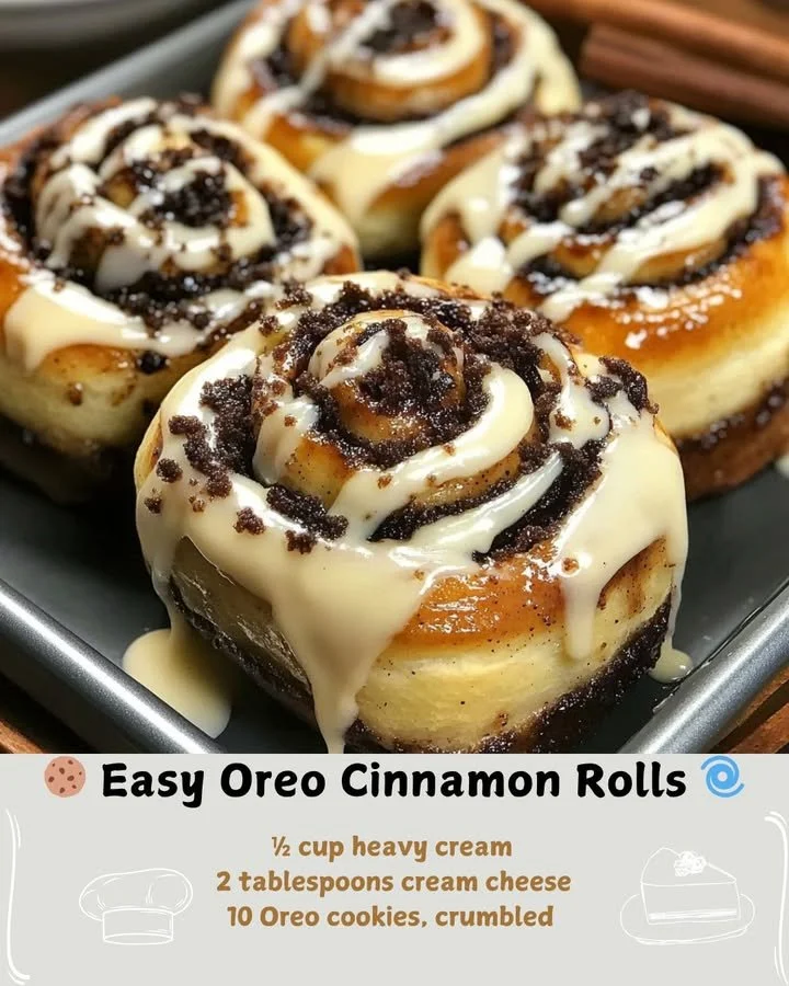 Easy Oreo Cinnamon Rolls with cream icing and crushed Oreo cookies on top