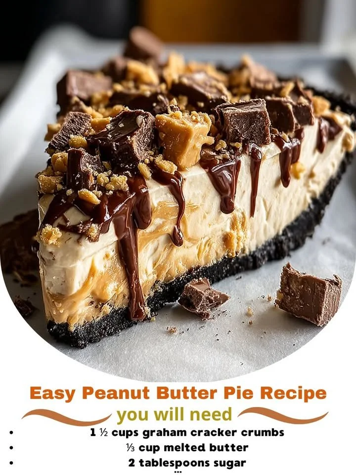 Delicious easy peanut butter pie topped with whipped cream and chocolate.