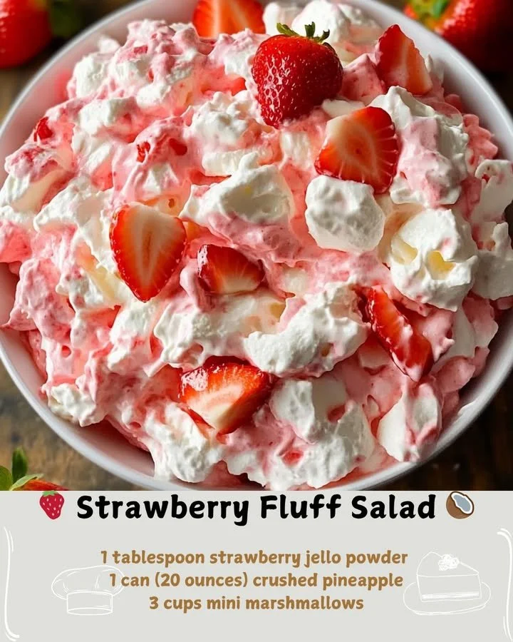 Fluffy Strawberry Salad featuring fresh strawberries, whipped cream, and a colorful presentation.