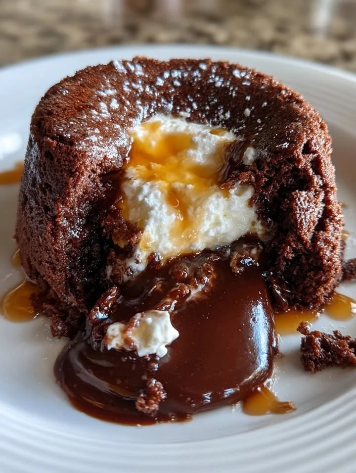 Fudgy Cottage Cheese Chocolate Lava Mug Cake served in a mug, oozing chocolate center