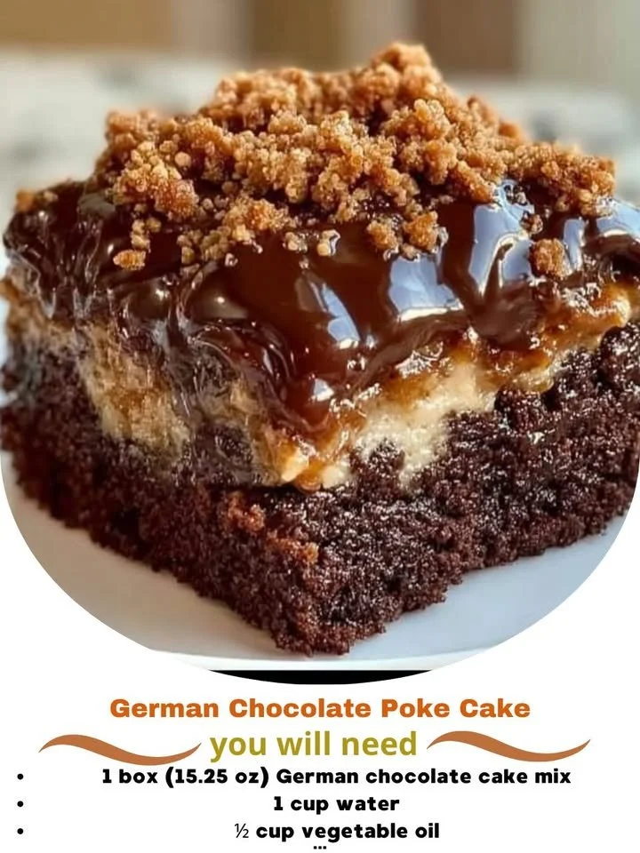 German Chocolate Poke Cake topped with coconut and pecan frosting