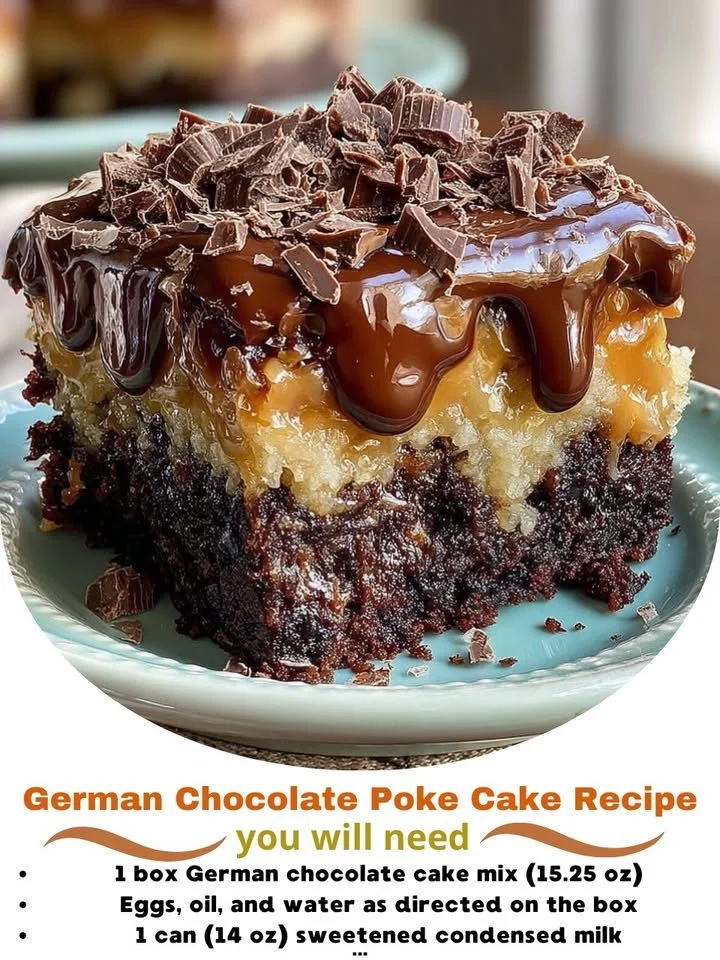 Delicious German Chocolate Poke Cake topped with coconut and pecans