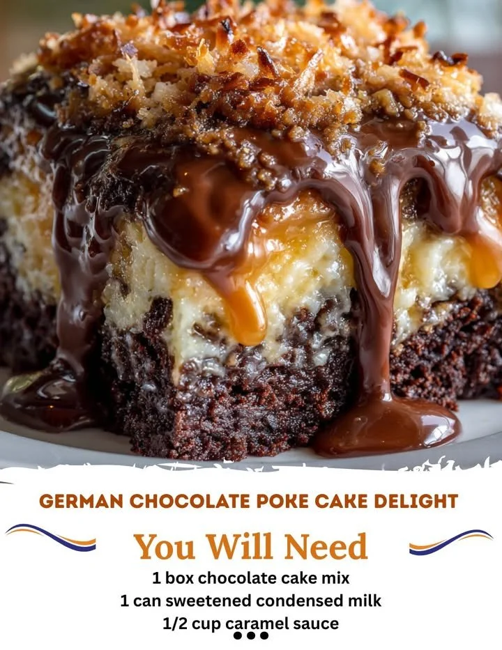 Delicious German Chocolate Poke Cake with chocolate frosting and coconut topping