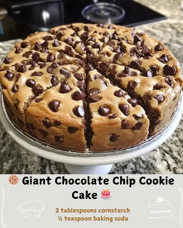 Giant chocolate chip cookie cake topped with chocolate chips and served on a plate