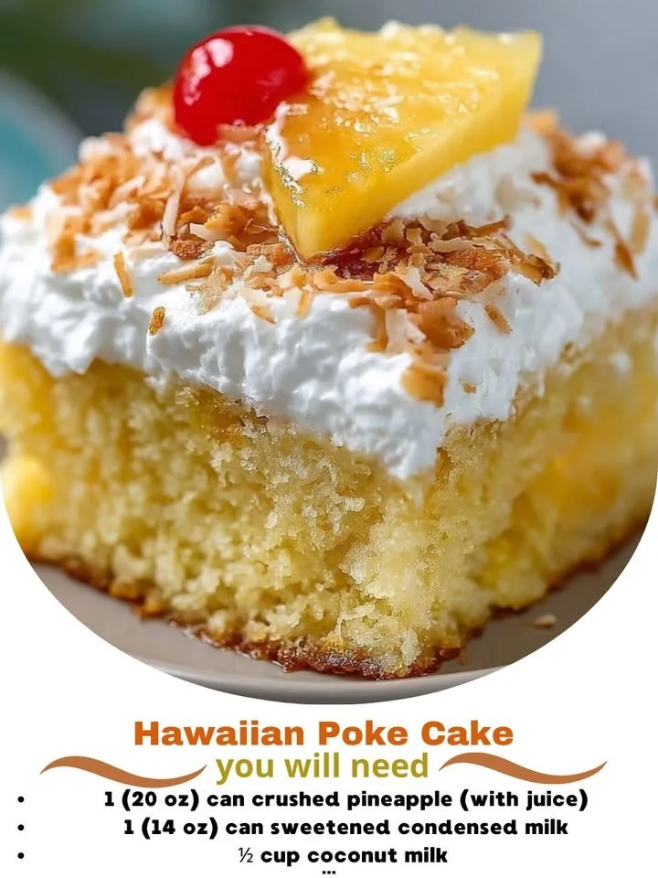 Hawaiian Poke Cake topped with coconut and pineapple, showcasing its vibrant layers.
