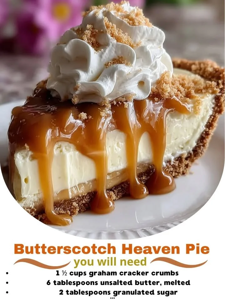 Homemade heavenly butterscotch pie topped with whipped cream