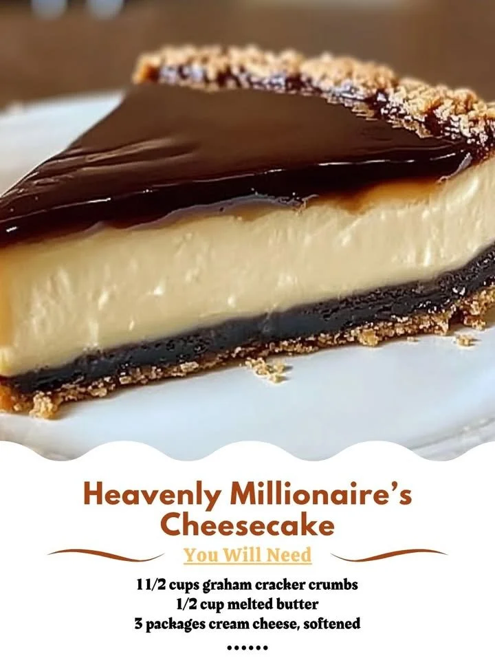 Slice of Heavenly Millionaire Cheesecake topped with chocolate and caramel