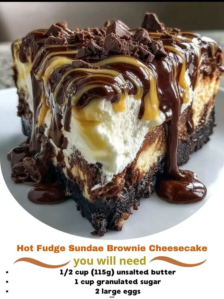 Delicious Hot Fudge Sundae Brownie Cheesecake topped with chocolate sauce and whipped cream.