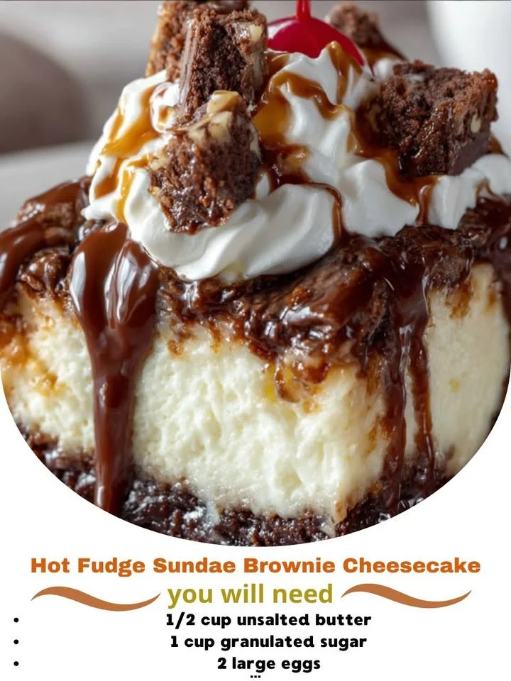 Delicious hot fudge sundae brownie cheesecake with rich chocolate and creamy layers