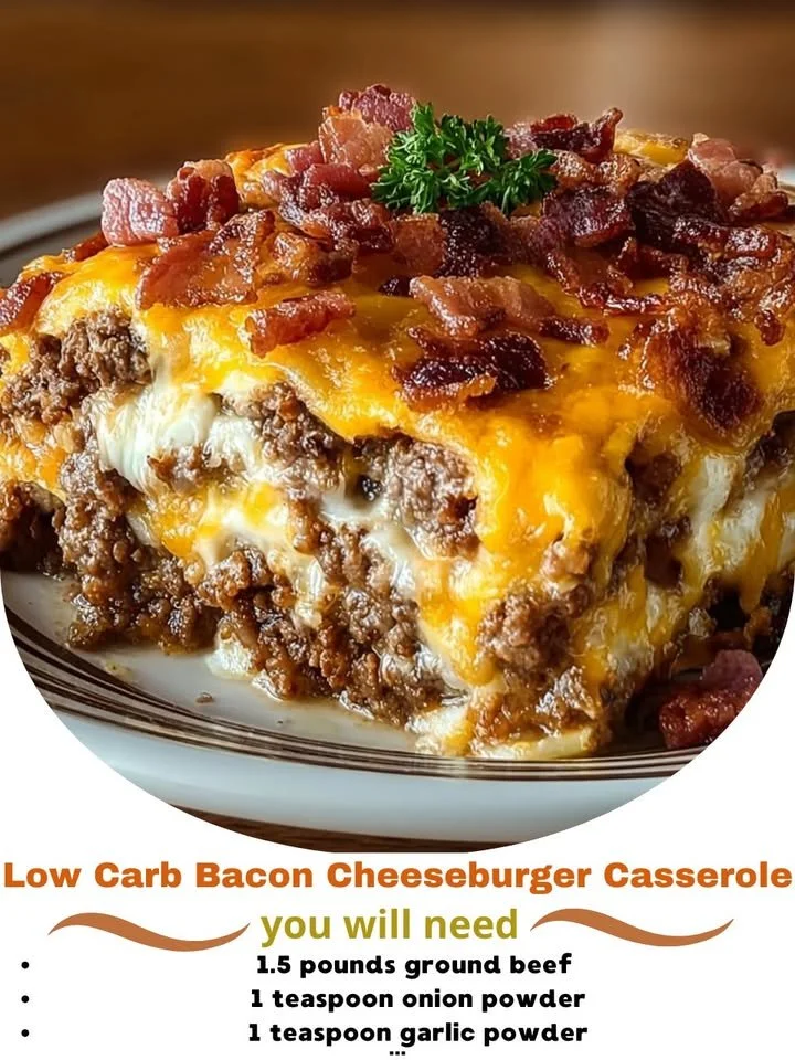 Low carb bacon cheeseburger casserole served in a baking dish
