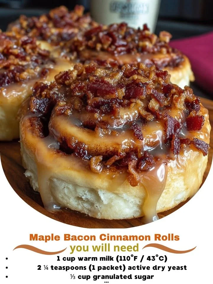 Freshly baked Maple Bacon Cinnamon Rolls drizzled with maple glaze.