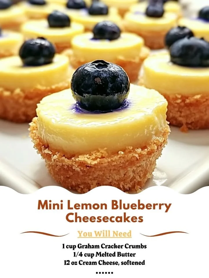 Mini lemon blueberry cheesecake bites arranged on a platter