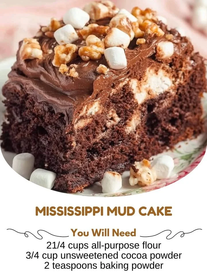 Delicious slice of Mississippi Mud Cake topped with chocolate and marshmallows.