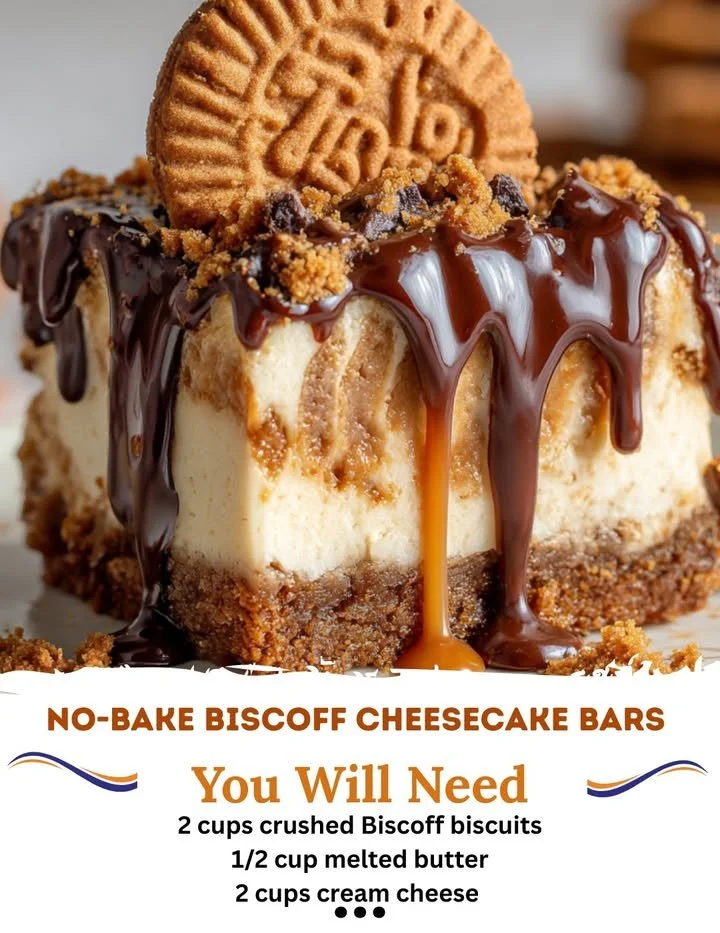 Delicious no-bake Biscoff cheesecake bars topped with Biscoff cookies