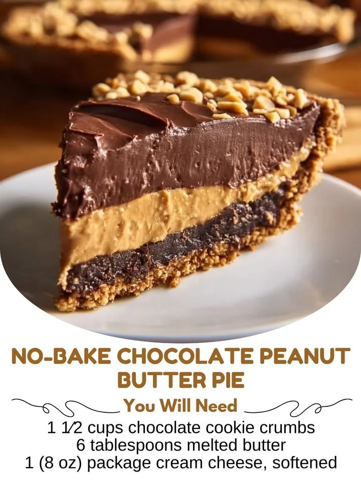 Slice of No-Bake Chocolate Peanut Butter Pie topped with chocolate ganache