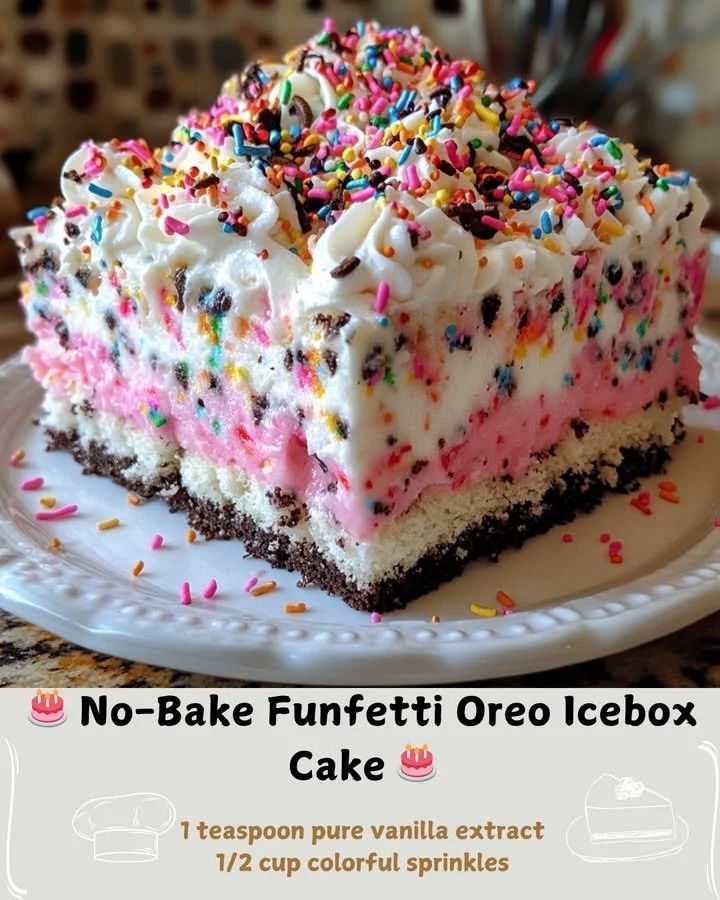 Slice of No-Bake Funfetti Oreo Icebox Cake on a plate