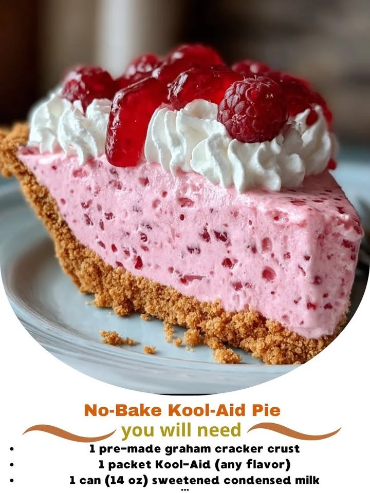 Delicious No-Bake Kool-Aid Pie served on a plate with colorful toppings.