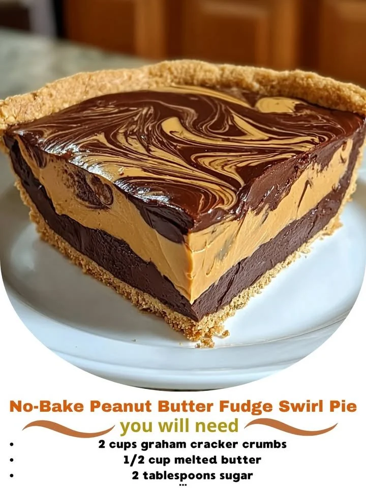 No-bake peanut butter fudge swirl pie topped with creamy fudge and swirls