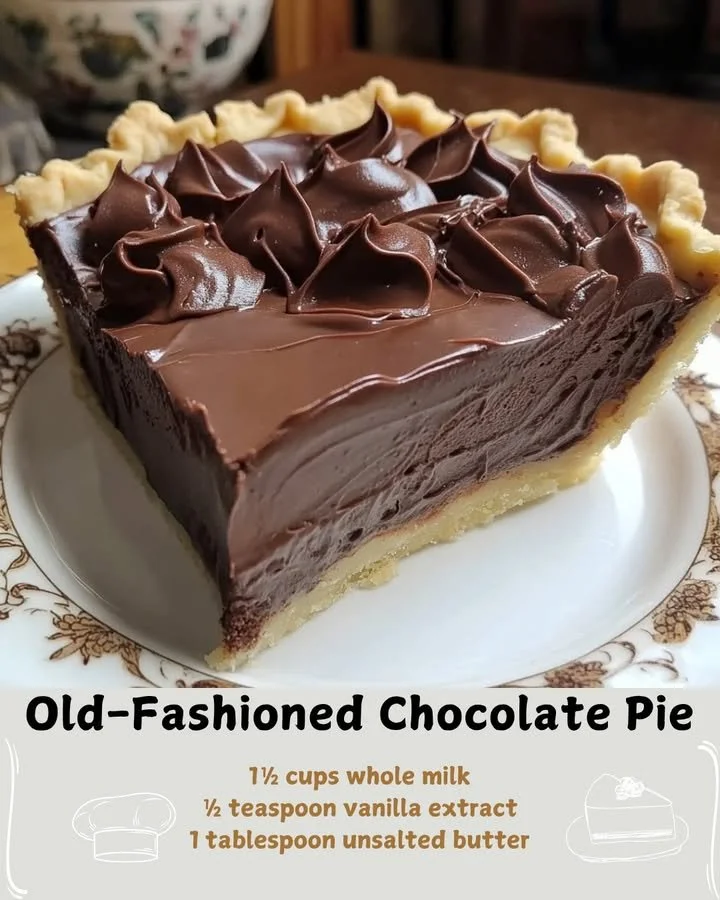Slice of Old-Fashioned Chocolate Pie with whipped cream on top