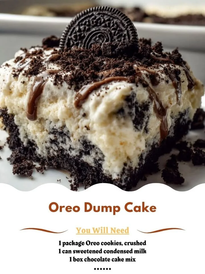 Delicious Oreo Dump Cake topped with crushed Oreos and whipped cream