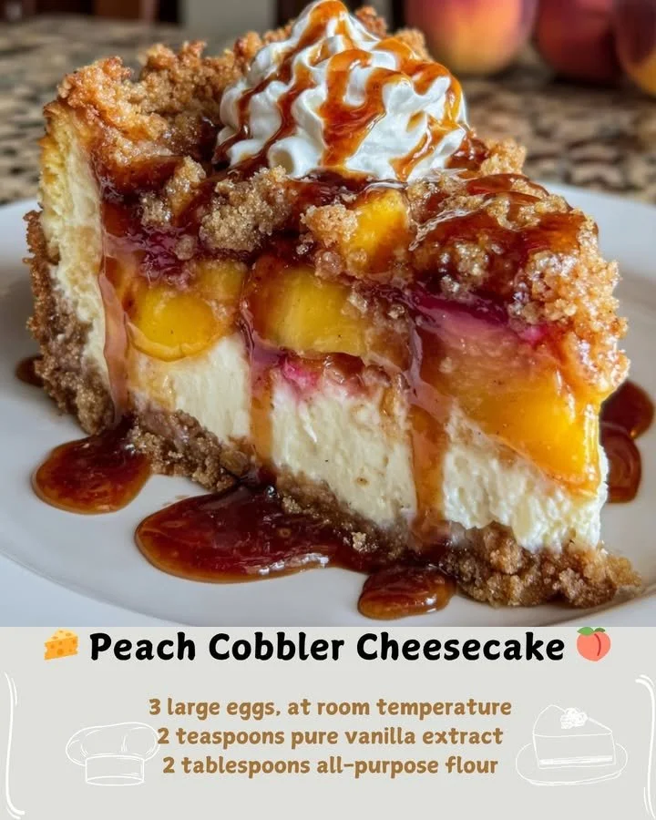 Delicious Peach Cobbler Cheesecake topped with fresh peach slices