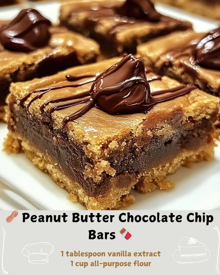 Delicious homemade peanut butter chocolate chip bars on a wooden table.