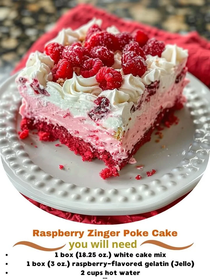 Delicious Raspberry Zinger Poke Cake with vibrant raspberry toppings