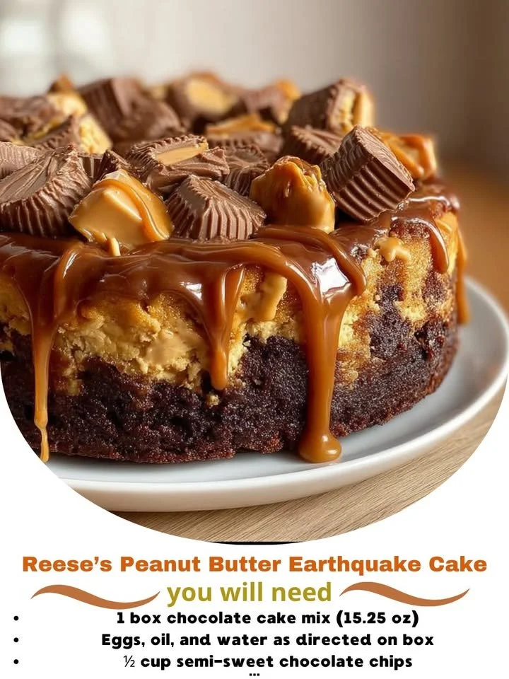 Slice of Reese’s Peanut Butter Earthquake Cake topped with chocolate and peanut butter.