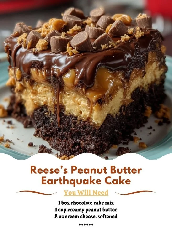 Reese's Peanut Butter Earthquake Cake with chocolate and peanut butter layers