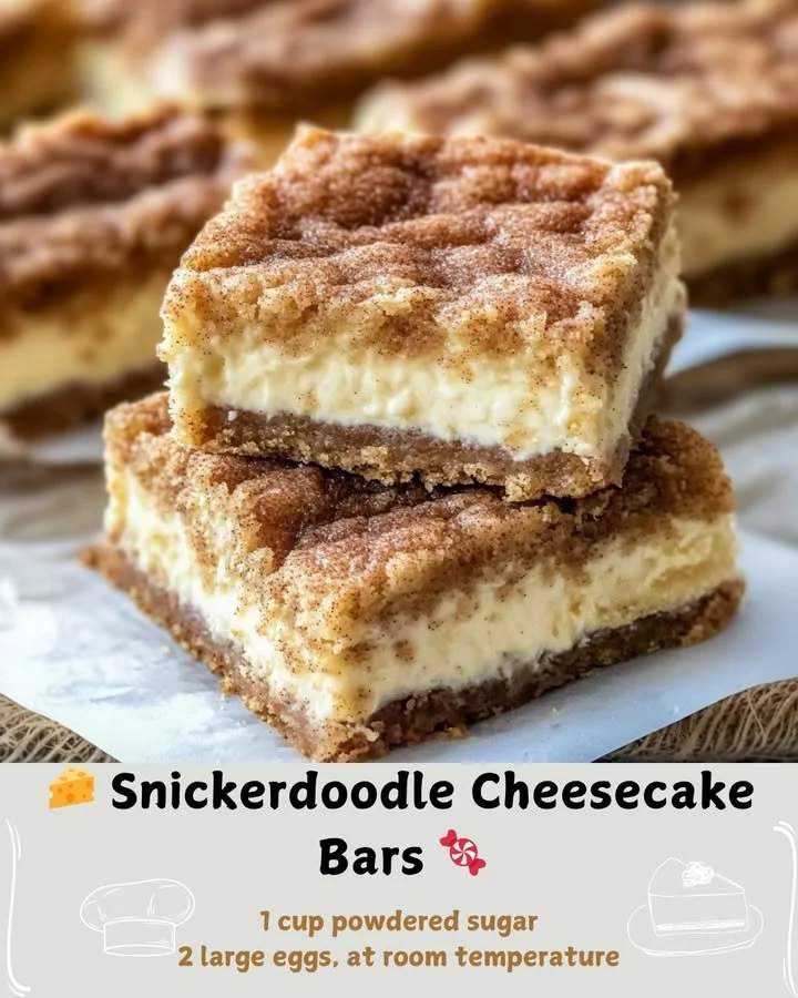 Delicious snickerdoodle cheesecake bars topped with cinnamon sugar.