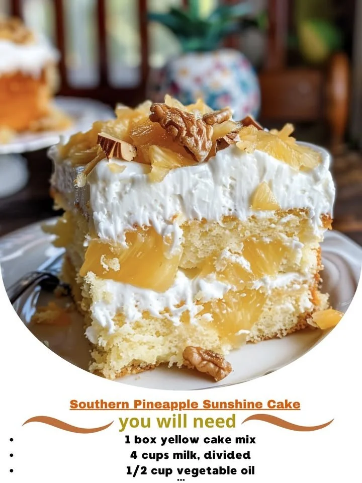 Delicious Southern Pineapple Sunshine Cake topped with fresh pineapple and whipped cream
